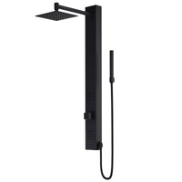 Matte black rectangular shower panel with brass hardware and square stainless steel showerhead