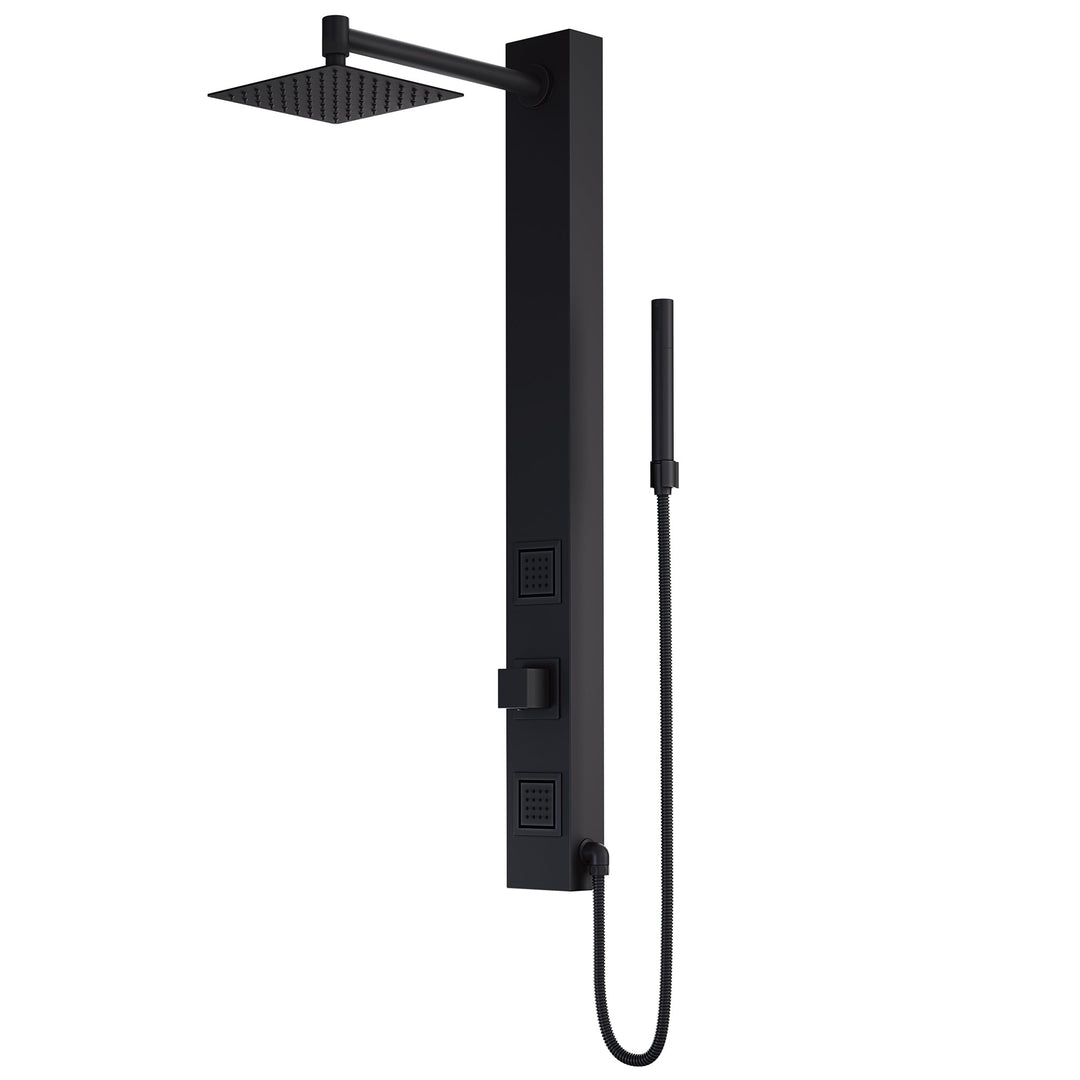 Matte black rectangular shower panel with brass hardware and square stainless steel showerhead