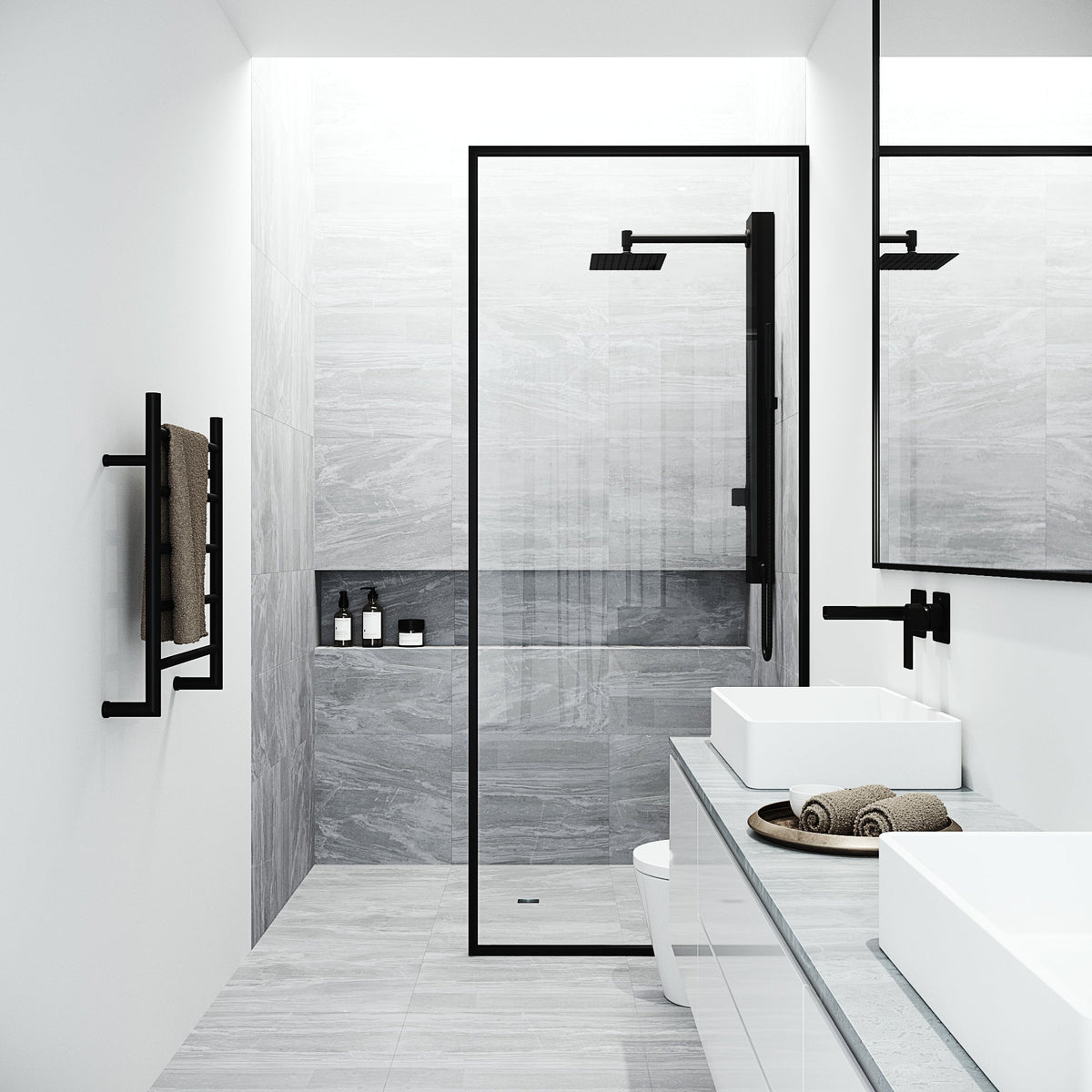 Modern wall mount shower panel with 3-way diverter valve and included hand shower