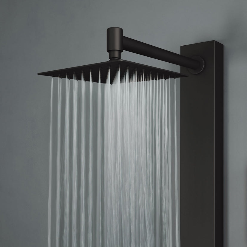 Stainless steel square showerhead on matte black panel with diverter handle control