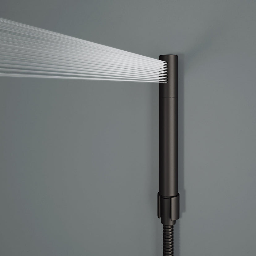 Rectangular contemporary shower panel with low flow design and brass valve components
