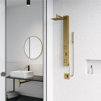 Matte brushed gold rectangular shower panel with brass hardware and square showerhead