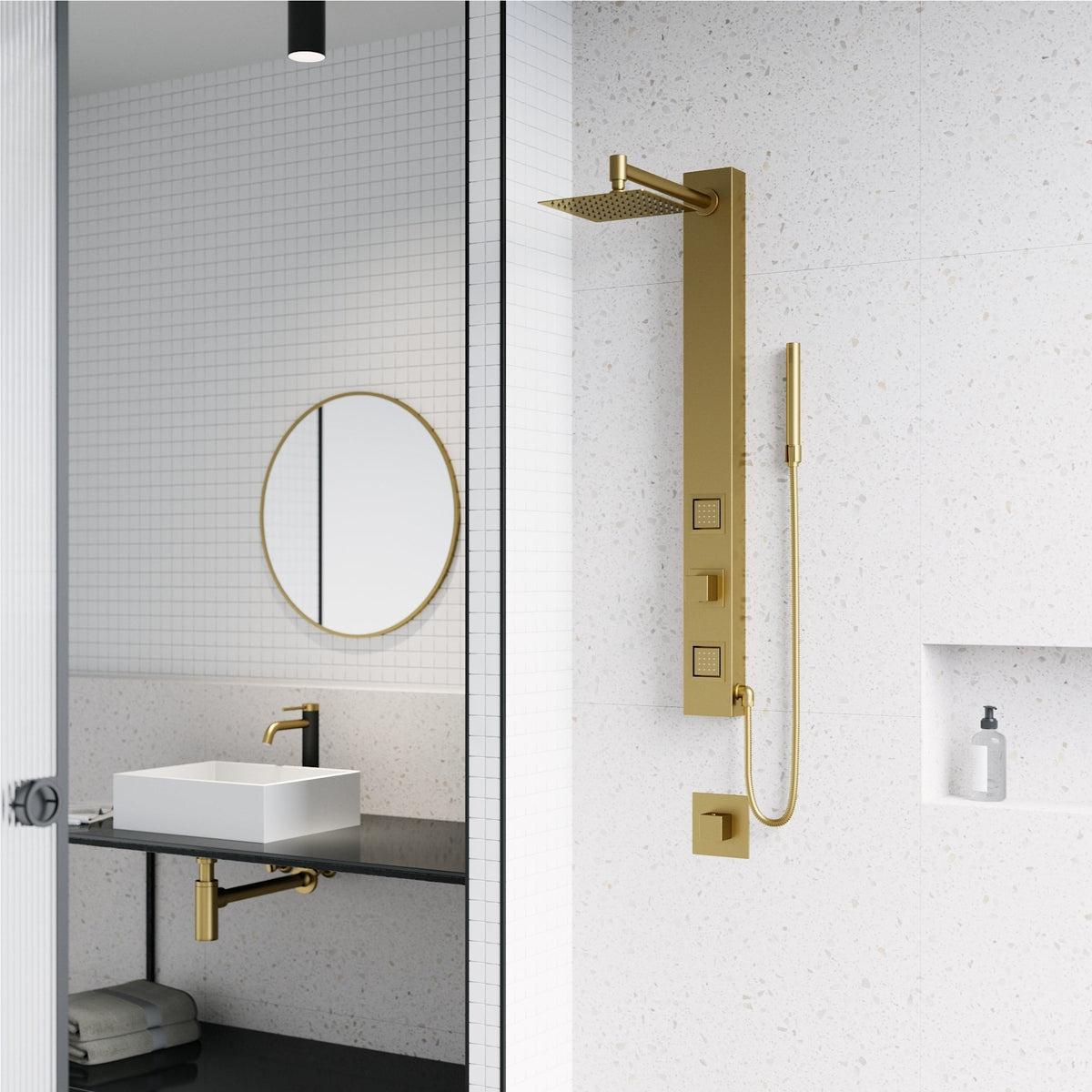 Matte brushed gold rectangular shower panel with brass hardware and square showerhead