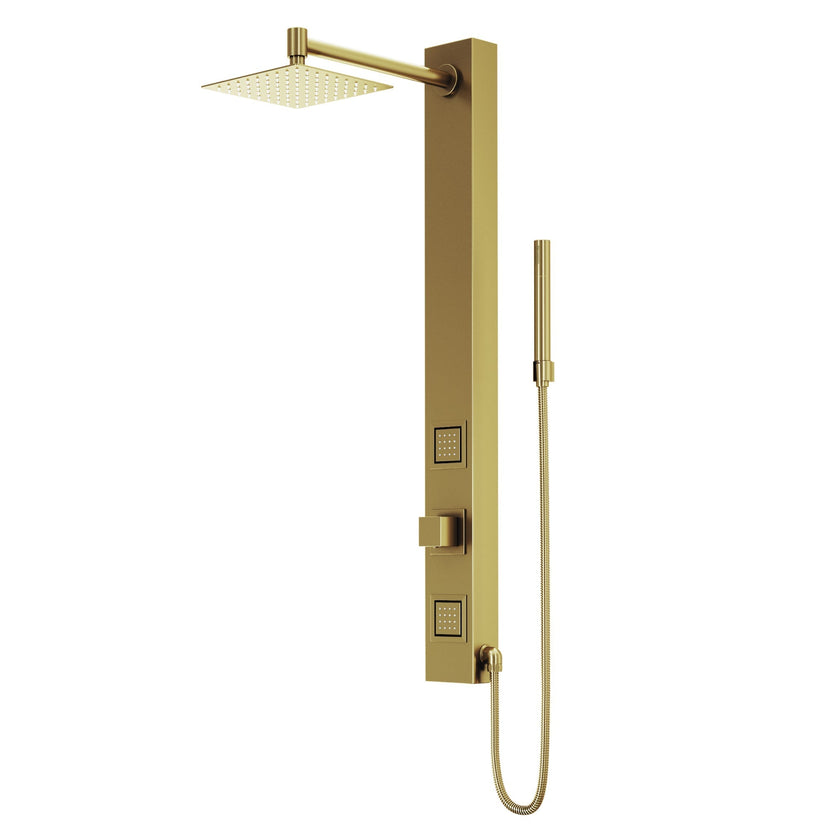 Complete shower panel kit with hand shower, hose, and mounting materials included