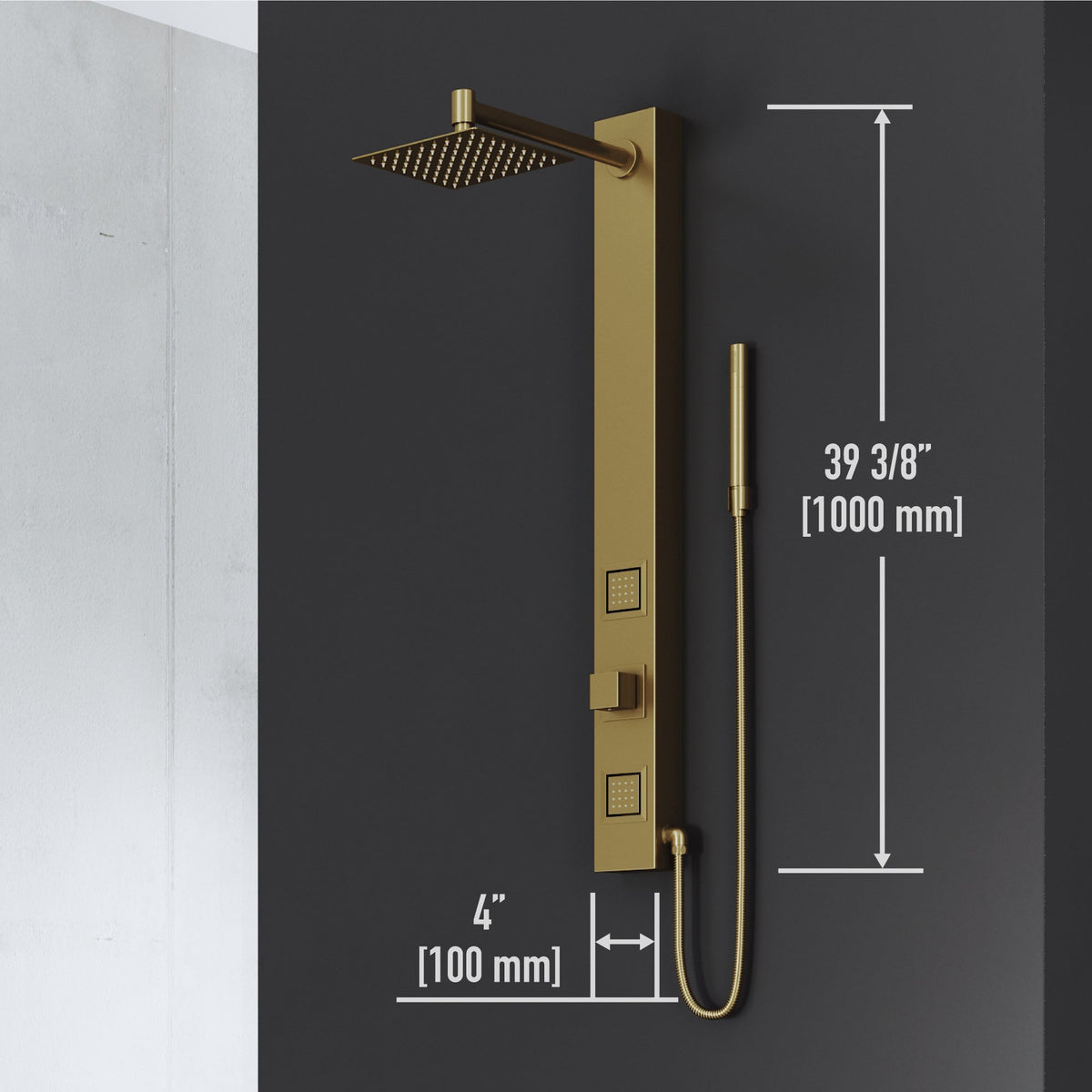 Aluminium shower panel with matte brushed gold finish and corrosion-resistant features