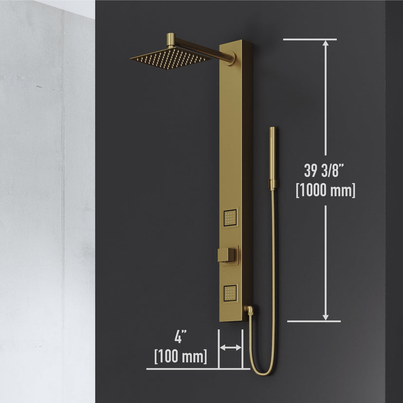 Aluminium shower panel with matte brushed gold finish and corrosion-resistant features