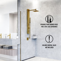 Stainless steel square showerhead on matte brushed gold panel with diverter handle control