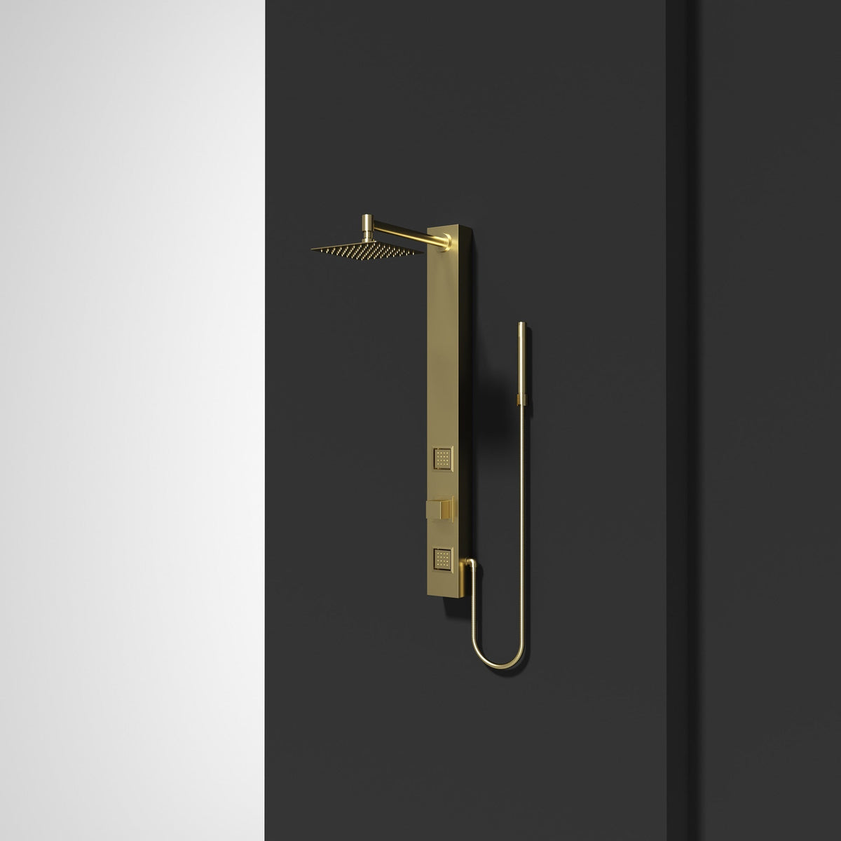 Diverter handle controlled shower panel with stainless steel head and low flow design