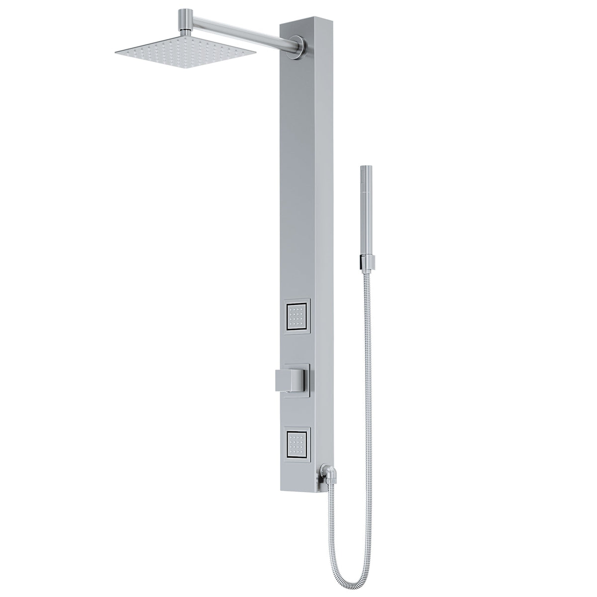 Stainless steel rectangular shower panel with brass hardware and square showerhead