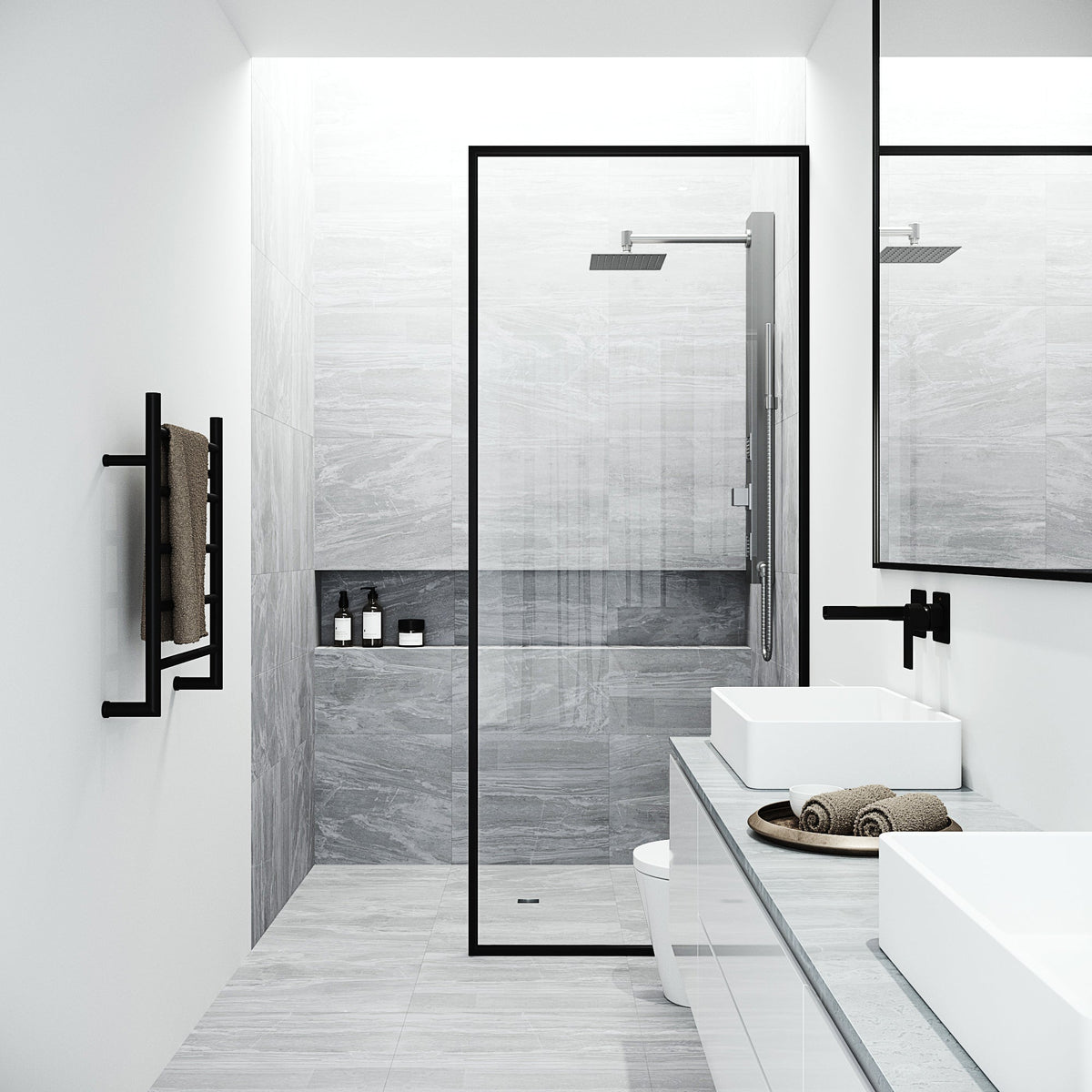 Modern wall mount shower panel with 3-way diverter valve and included hand shower