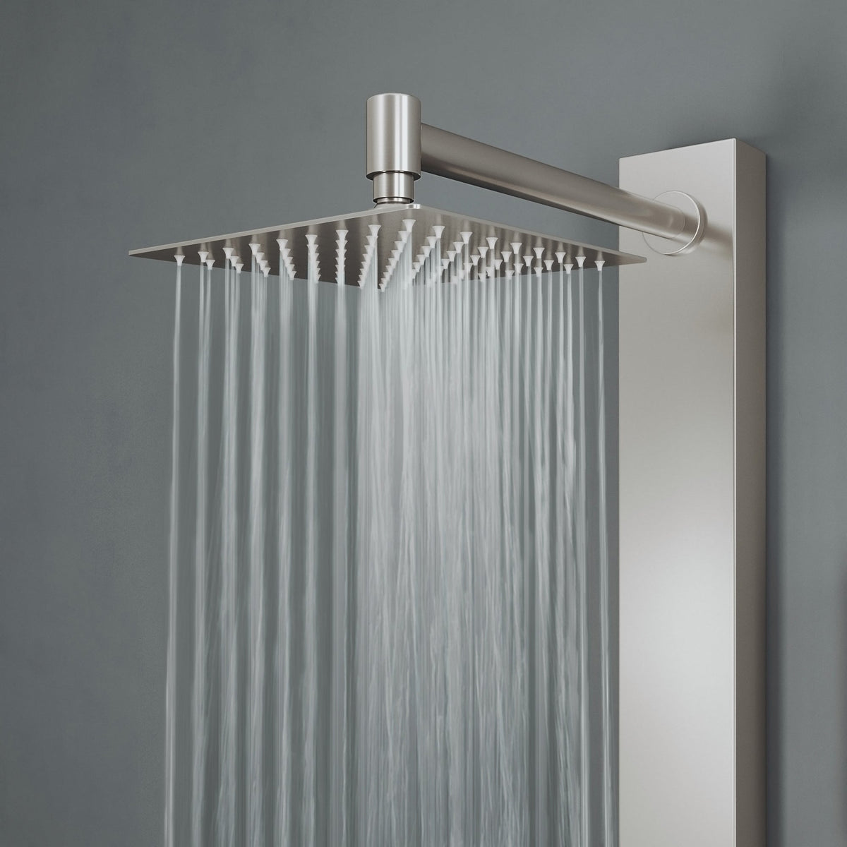 Stainless steel square showerhead on stainless steel panel with diverter handle control