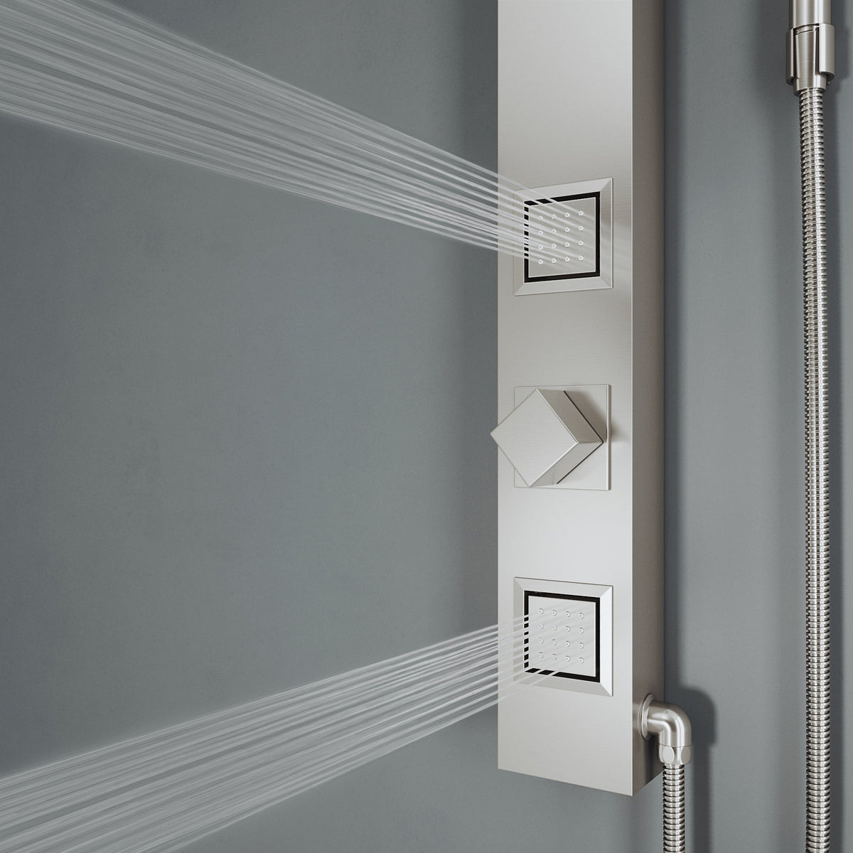 Easy-install shower panel with all mounting hardware and kink-free hose included