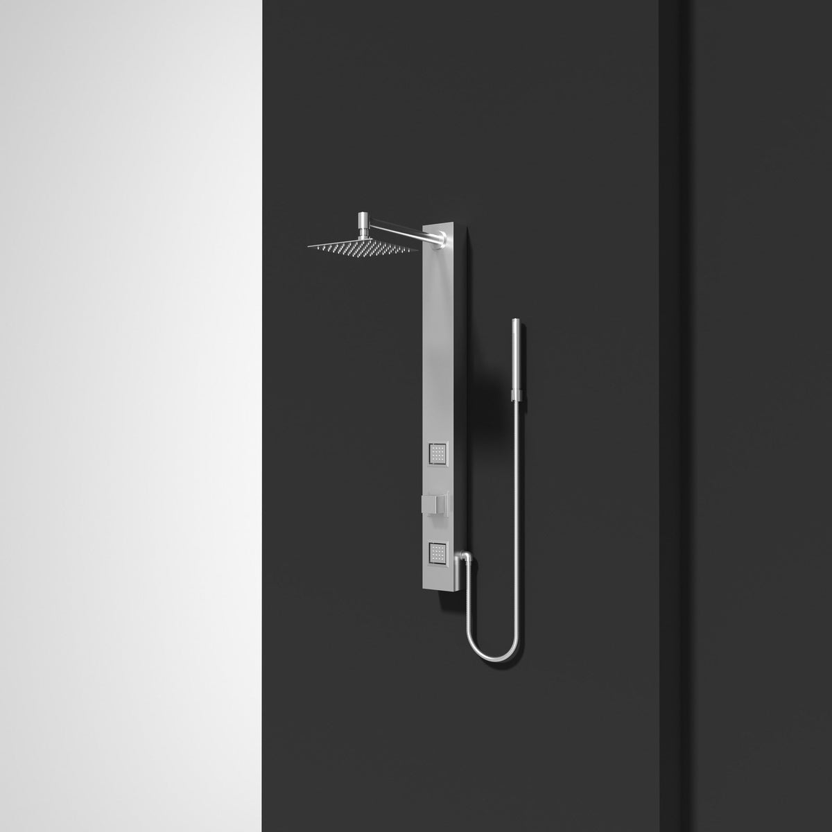Modern shower system with knob handles, flexible hose, and 3-way diverter valve