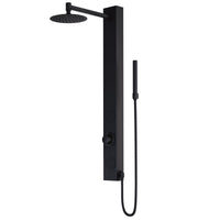 Matte black rectangular shower panel with brass hardware and stainless steel showerhead