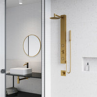 Matte brushed gold rectangular shower panel with stainless steel showerhead