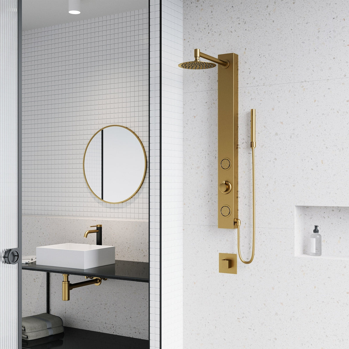 Matte brushed gold rectangular shower panel with stainless steel showerhead