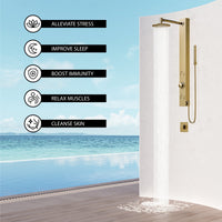 Wall mount shower system with body jets and kink-free hose in brushed gold