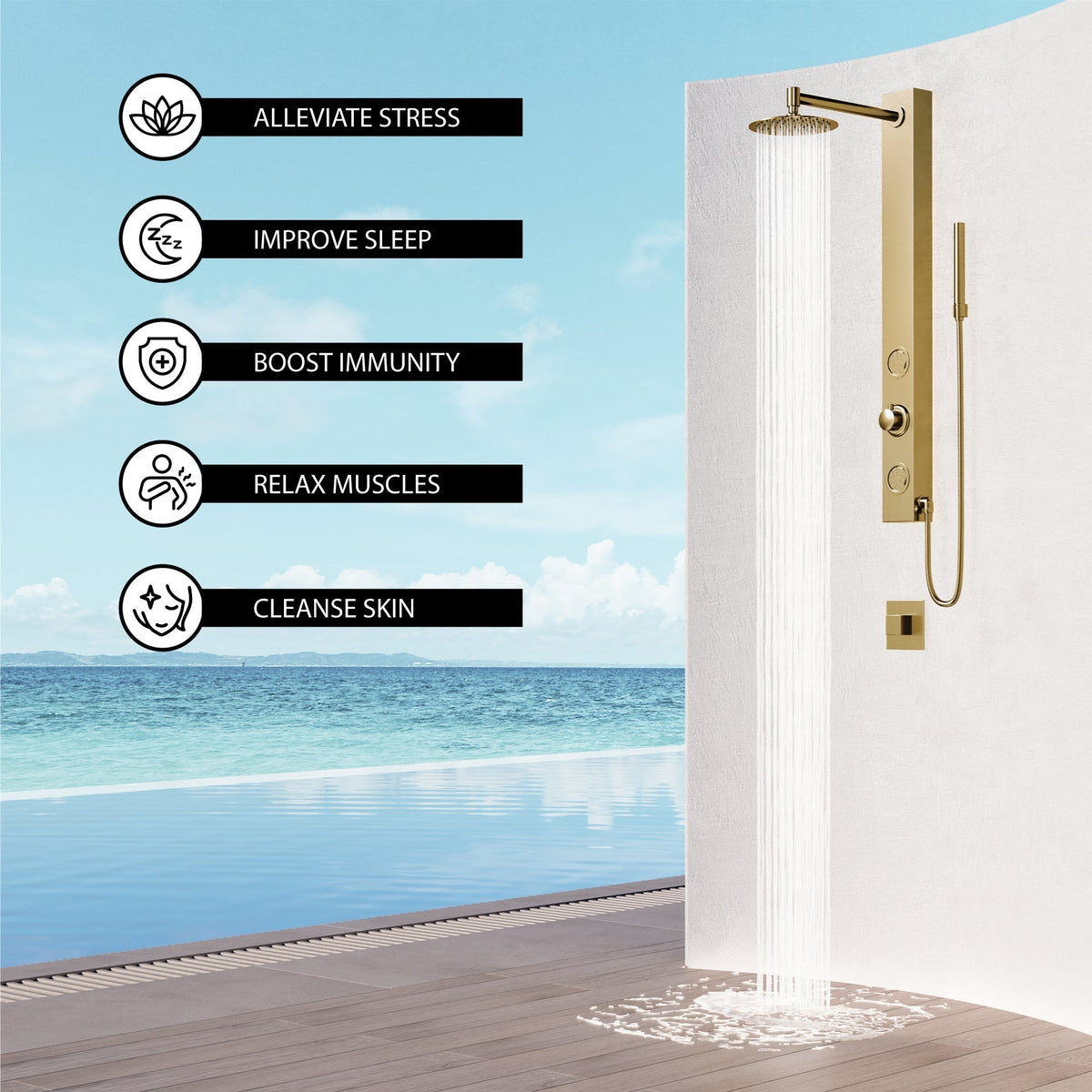 Wall mount shower system with body jets and kink-free hose in brushed gold