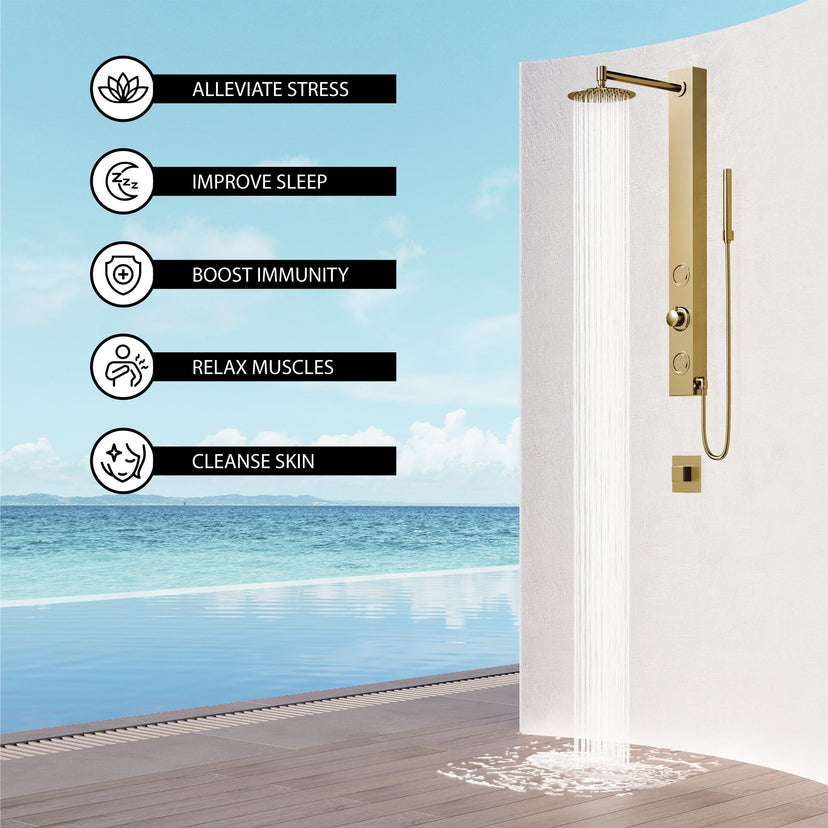 Wall mount shower system with body jets and kink-free hose in brushed gold