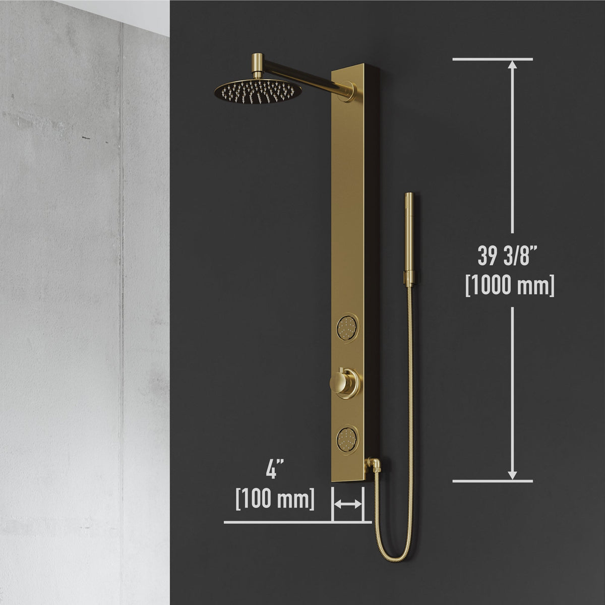 Stainless steel showerhead on brushed gold panel with flexible connection