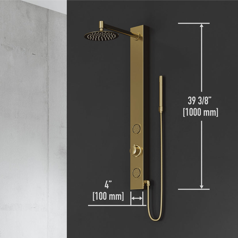 Stainless steel showerhead on brushed gold panel with flexible connection