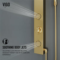Brushed gold shower panel with thermostatic volume control and 39-inch height