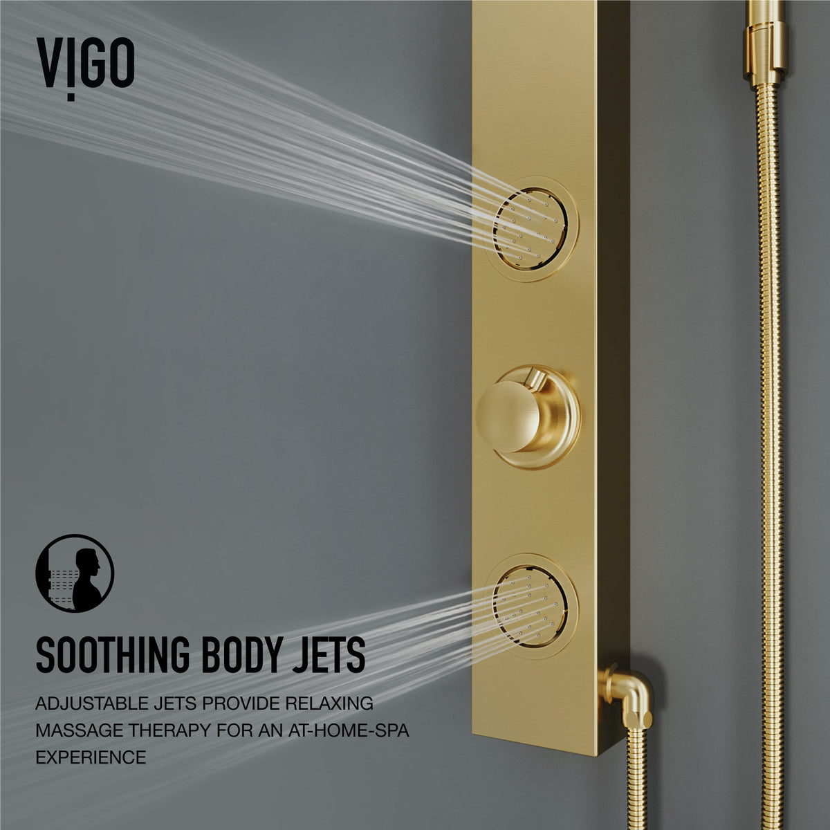 Brushed gold shower panel with thermostatic volume control and 39-inch height