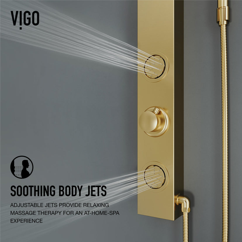 Brushed gold shower panel with thermostatic volume control and 39-inch height