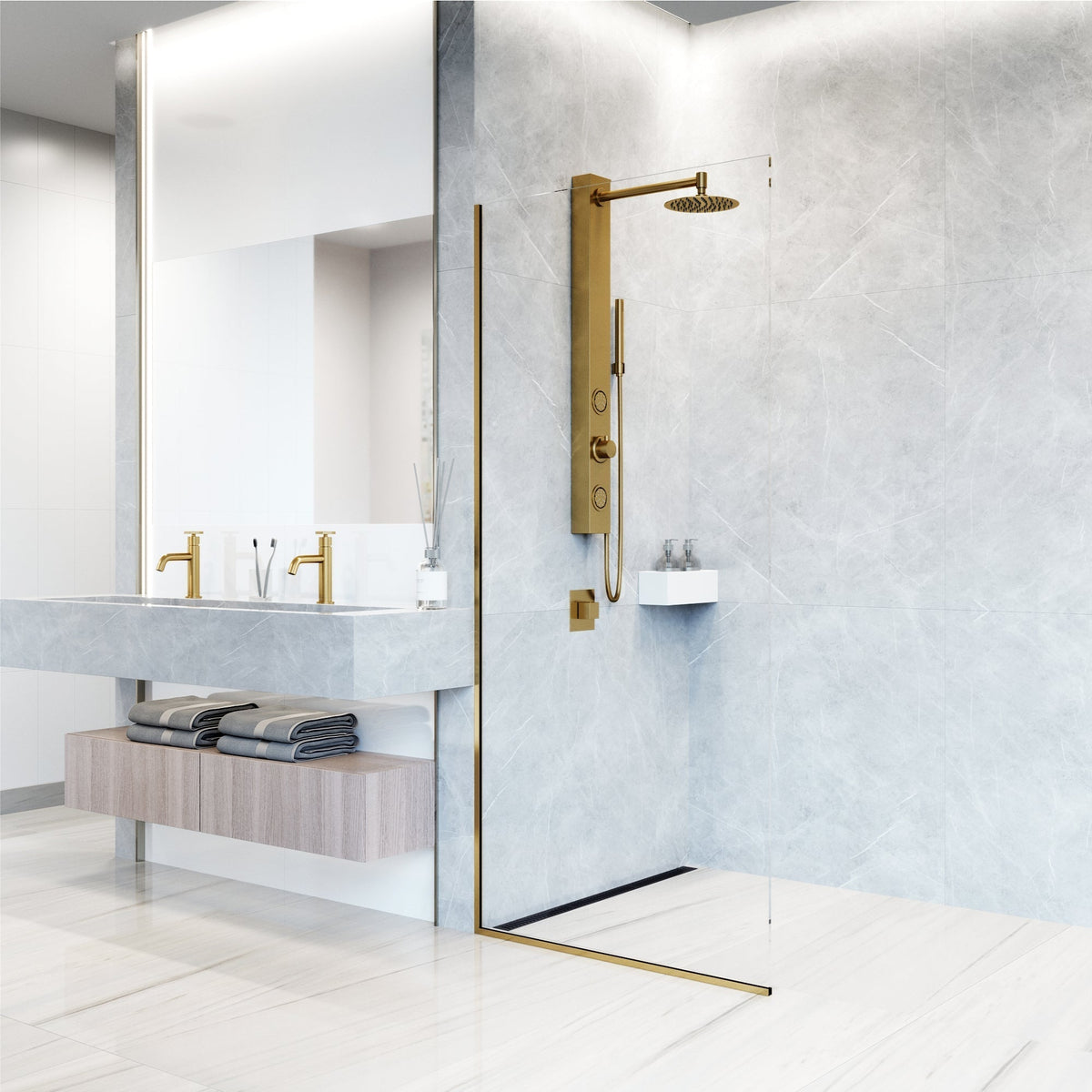 Shower panel with stainless steel head, brass valve, and brushed gold finish