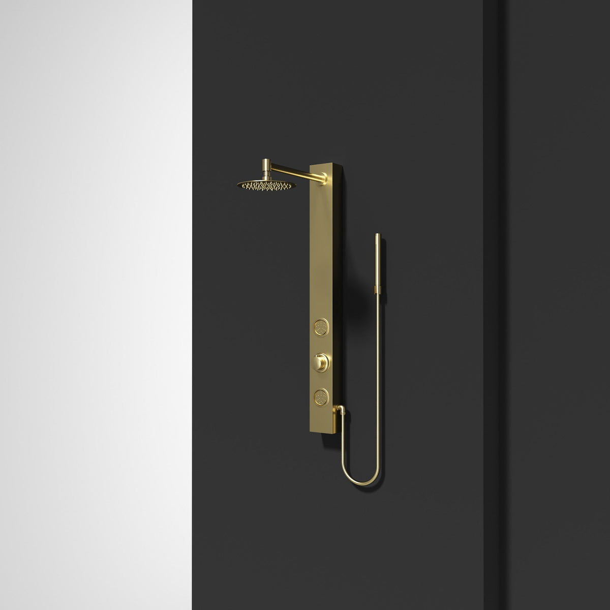 Complete shower panel kit with hand shower, handles, and mounting hardware
