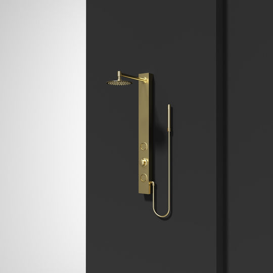 Complete shower panel kit with hand shower, handles, and mounting hardware