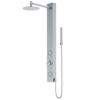Stainless steel rectangular shower panel with matching showerhead and brass hardware