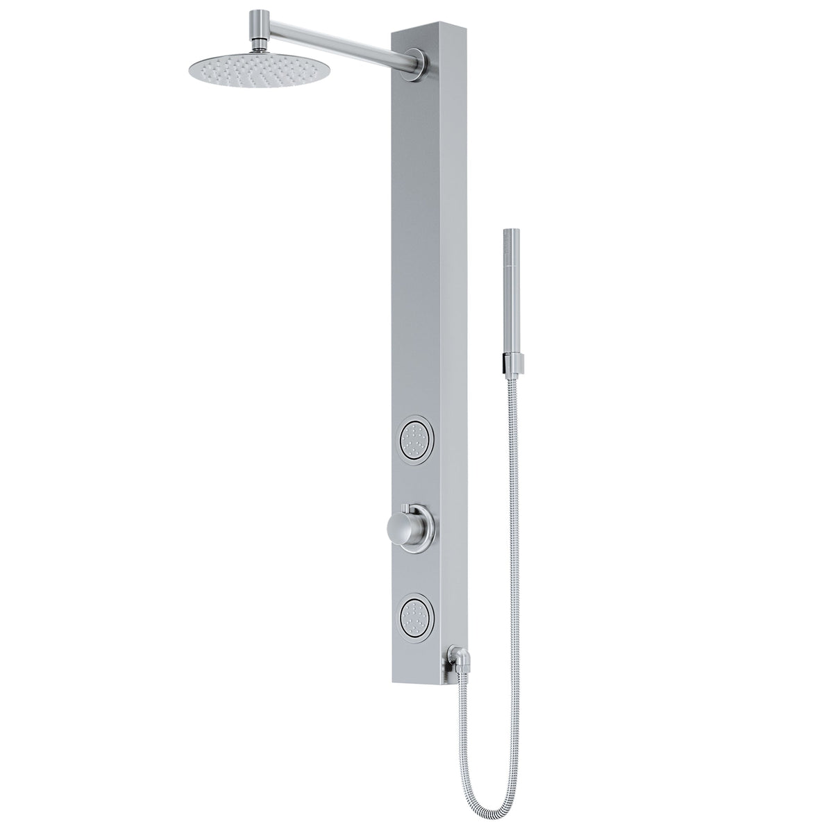 Stainless steel rectangular shower panel with matching showerhead and brass hardware