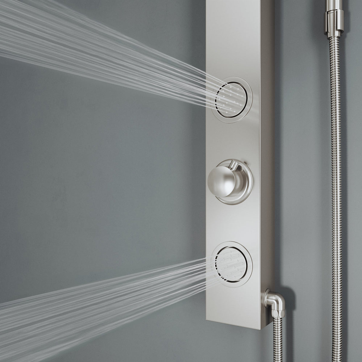 Stainless steel showerhead on stainless steel panel with flexible connection