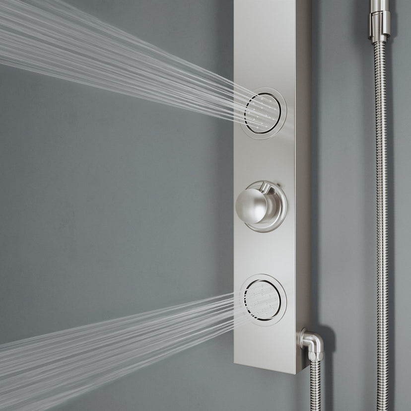 Stainless steel showerhead on stainless steel panel with flexible connection