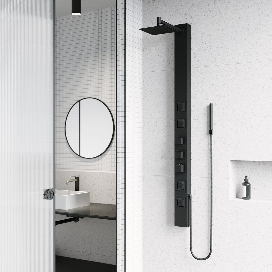 Matte black rectangular shower panel with thermostatic valve and body jets
