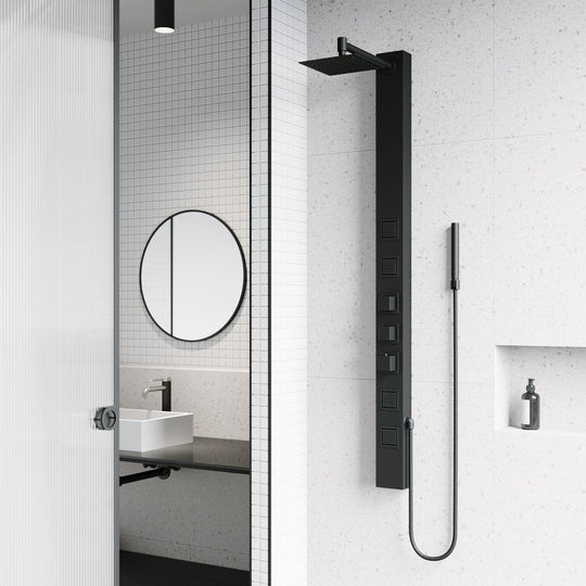 Matte black rectangular shower panel with thermostatic valve and body jets