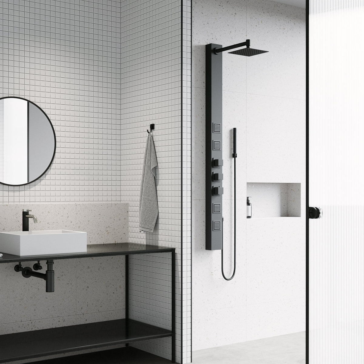 Thermostatic shower panel with scald guard and flexible kink-free hose