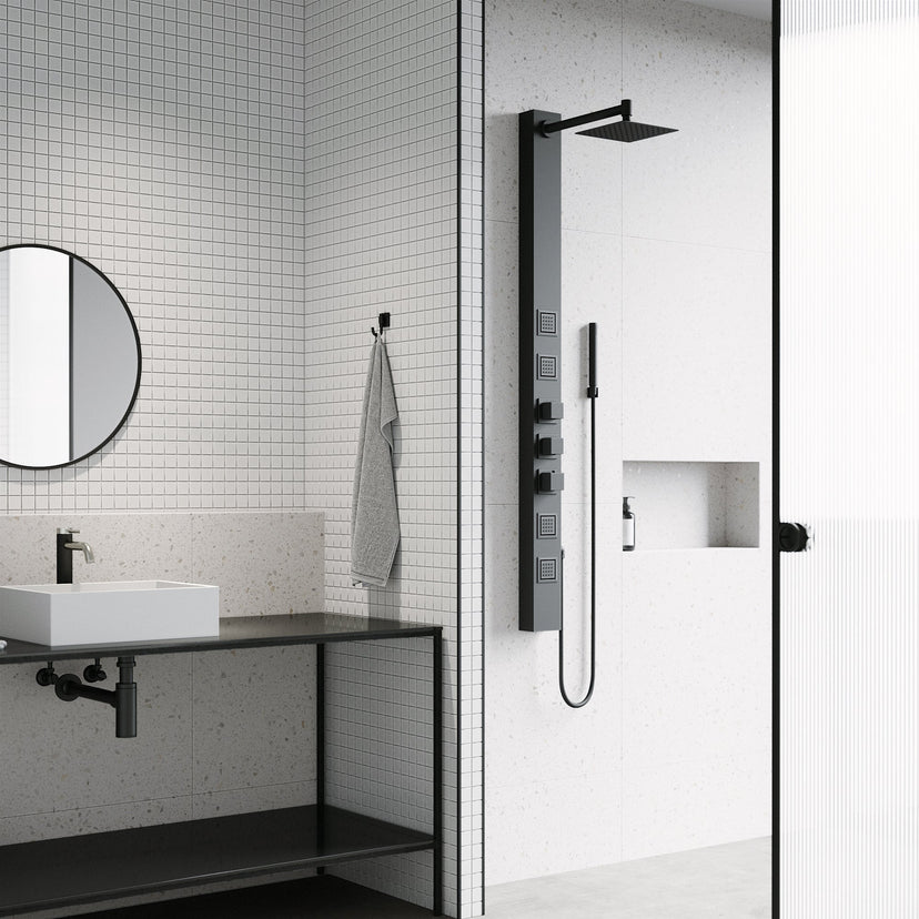 Thermostatic shower panel with scald guard and flexible kink-free hose