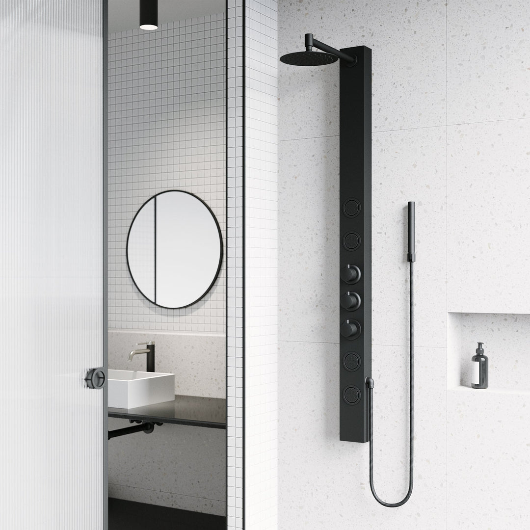 Matte black rectangular shower panel with thermostatic valve and body jets