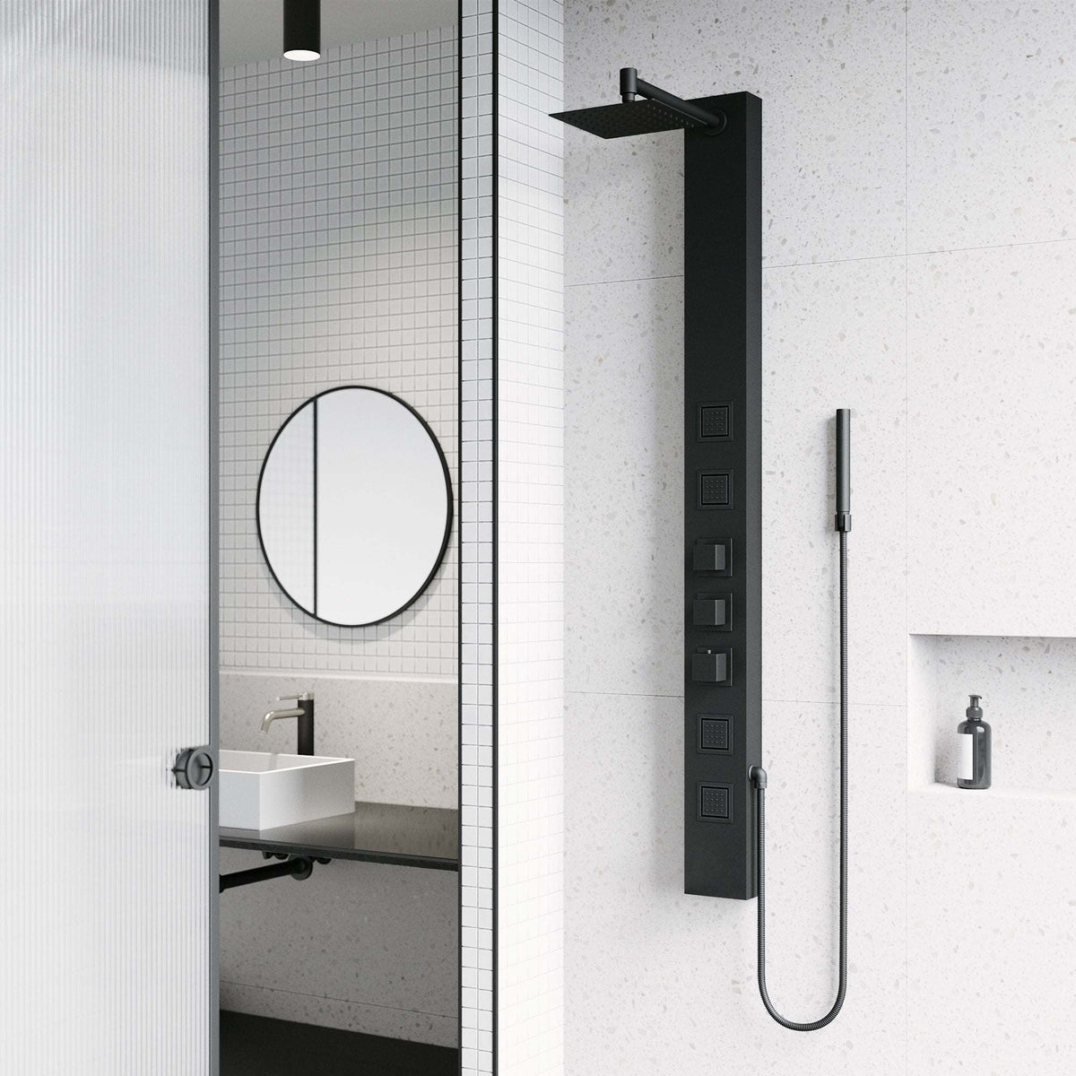 Matte black rectangular shower panel with thermostatic valve and body jets