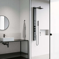 Aluminium shower panel featuring knob handles and scald guard safety