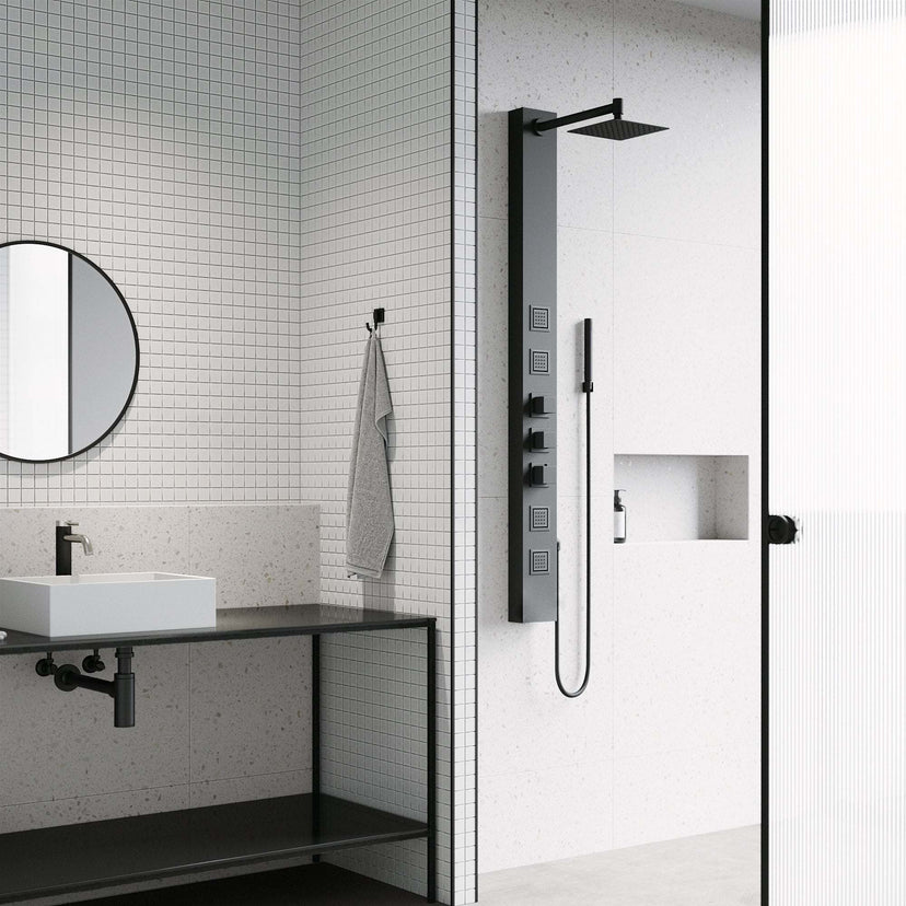 Aluminium shower panel featuring knob handles and scald guard safety