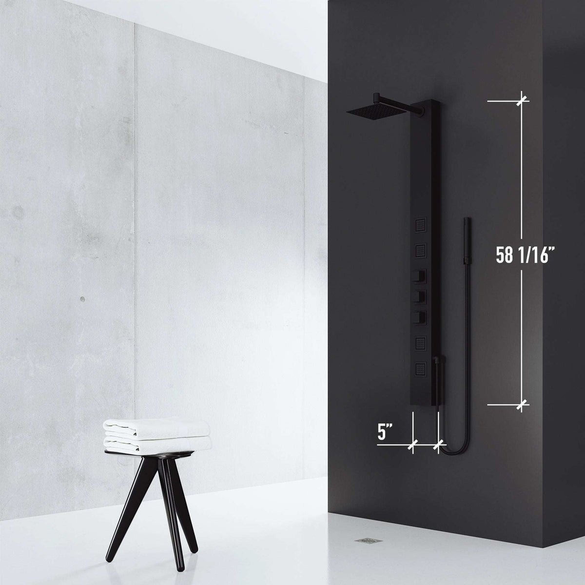 Contemporary shower panel with top handle diverter and kink-free hose