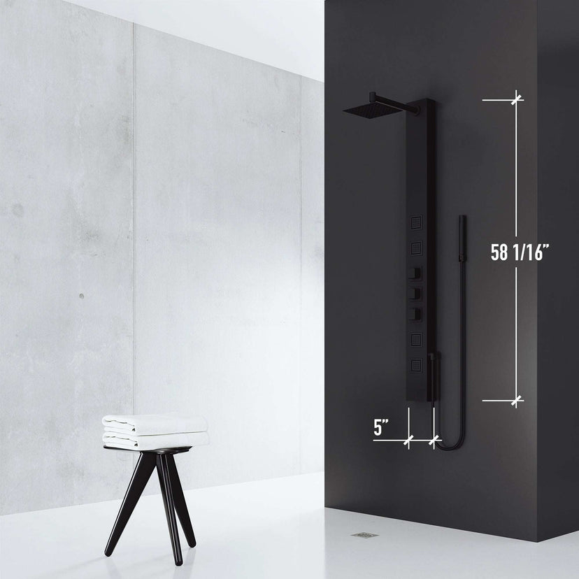Contemporary shower panel with top handle diverter and kink-free hose