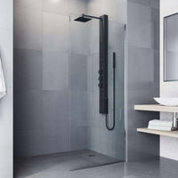 Stainless steel shower head on matte black panel with included supply lines