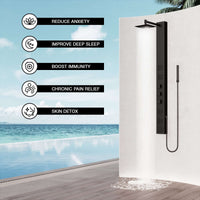 Low flow shower panel with hot/cold indicators and vacuum breaker