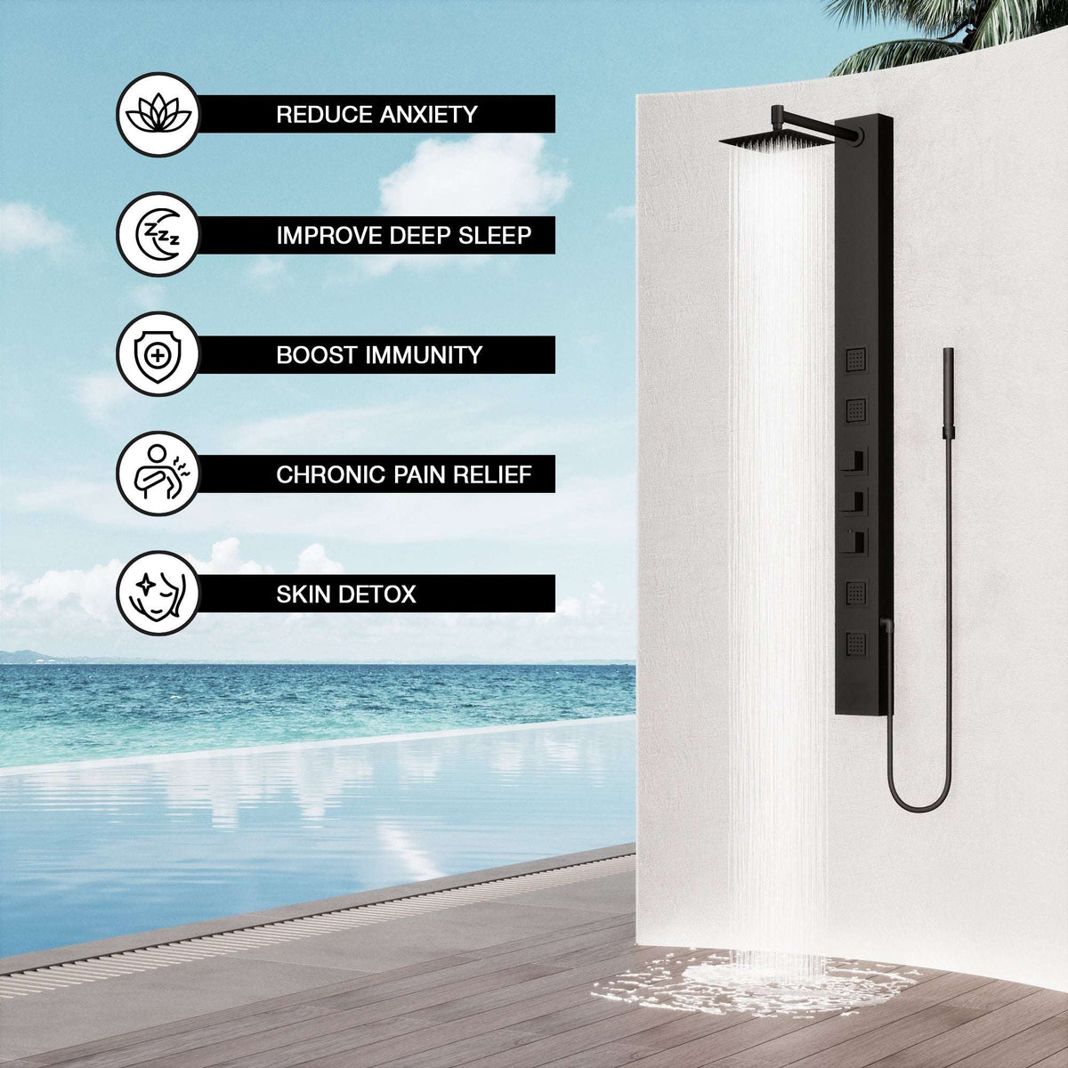 Low flow shower panel with hot/cold indicators and vacuum breaker