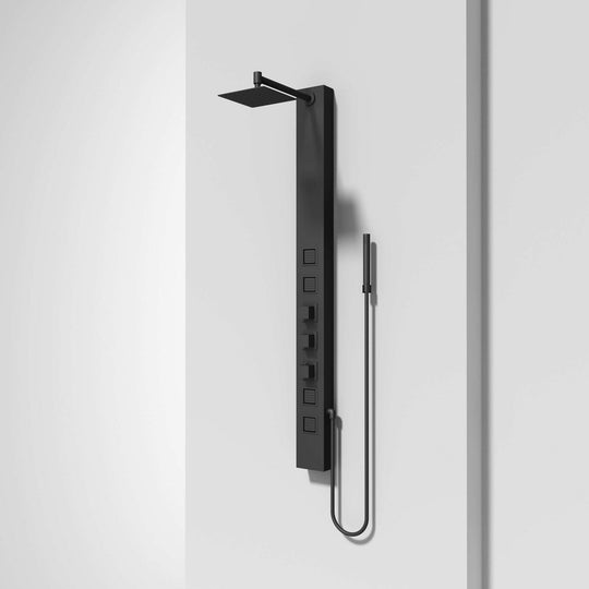 Modern shower system with brass hardware and matte black finish