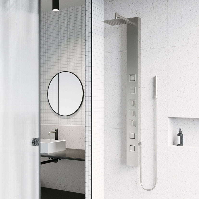 Stainless steel rectangular shower panel with thermostatic valve and body jets